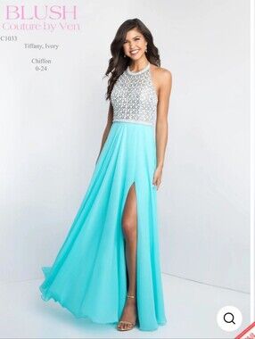 Size 16 beaded high neck chiffon Aline gown in Tiffany Blue by Blush Prom NWT